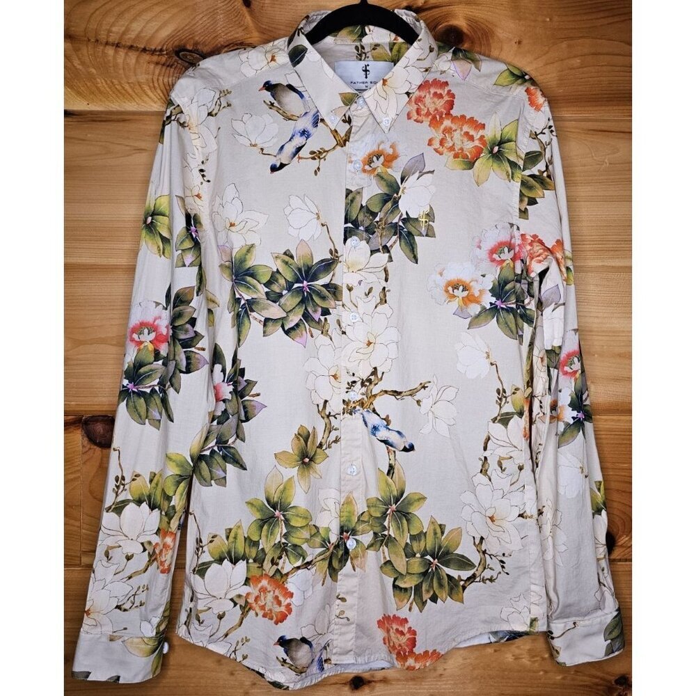 Father & Son Size Medium Stretch Slim Fit White Orange Floral & Bluebird Design
